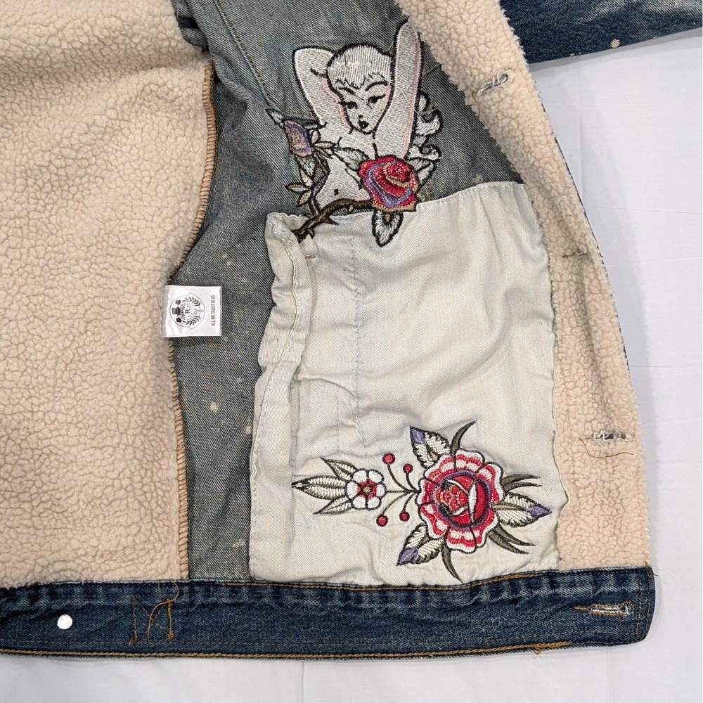 Reason Denim Sherpa Trucker Jacket L Death Before Dishonor Embroidery Distressed - Picture 11 of 14